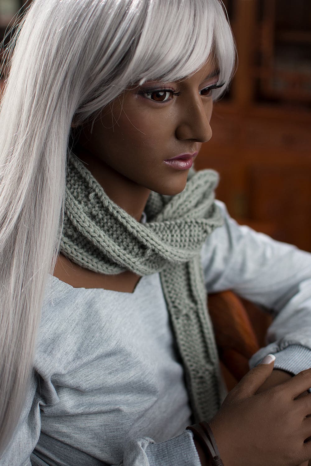 163cm/5ft4 D-Cup Ebony White Hair Sexy TPE Black Sex Doll - Image 7